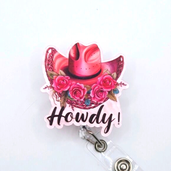 Pink Howdy Western Hat Badge ID Reel Belt Or Alligator Clip Mix And Match - Picture 1 of 2